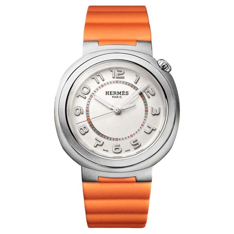 Montre Hermès Cut Grand Modèle automatique à cadran argenté et bracelet caoutchouc orange, 36 mm