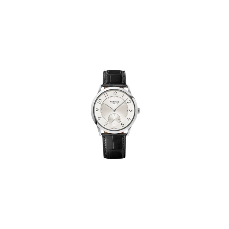 Montre Slim d'Hermès Grand Modèle automatique à cadran argenté opalin et bracelet cuir noir, 39,5 mm