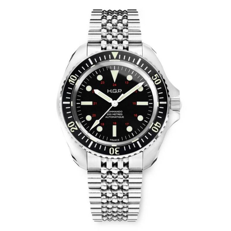 Montre HGP Diver 200M Commando automatique à cadran noir et chiffres rouges, boîtier acier 42 mm