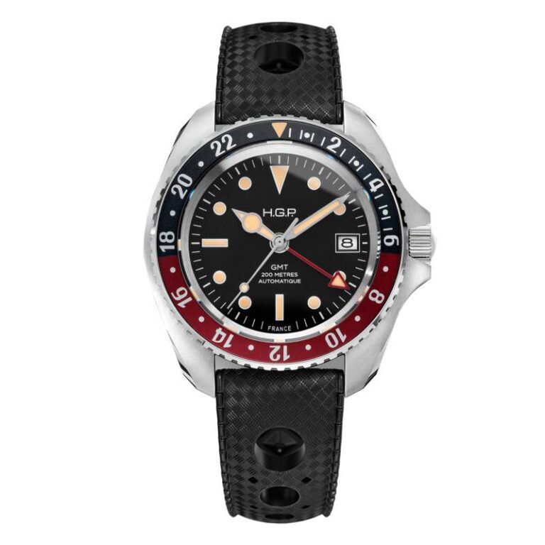 Montre HGP Diver GMT 200M Coke automatique à lunette noire et rouge, boîtier acier 42 mm