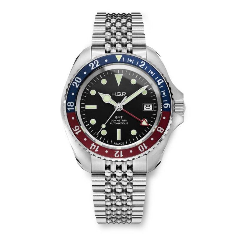 Montre HGP Diver GMT 200M automatique à lunette rouge et bleue