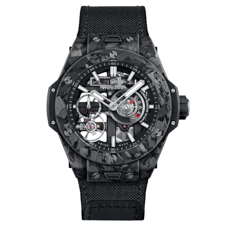 Montre Hublot Big Bang MECA-10 Frosted Carbon mécanique à cadran squelette et bracelet tissu noir, 42 mm