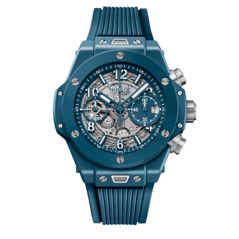 Montre Hublot Big Bang Unico en céramique bleu pétrole à cadran squelette et bracelet caoutchouc, 42 mm