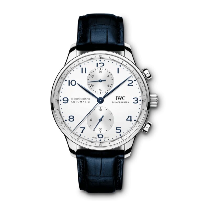 Montre IWC Portugieser Chronographe automatique à cadran argenté et détails bleus, bracelet cuir, 41 mm