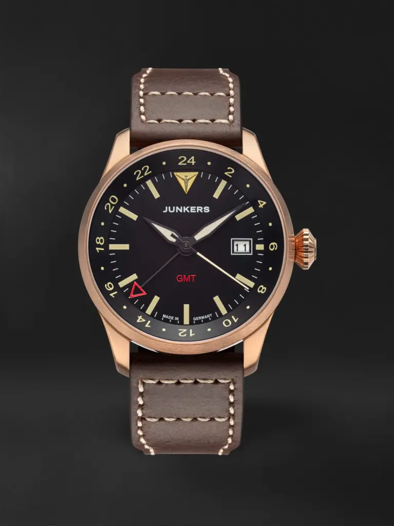 Montre de pilote Junkers Flieger GMT Automatique à cadran noir et bracelet cuir
