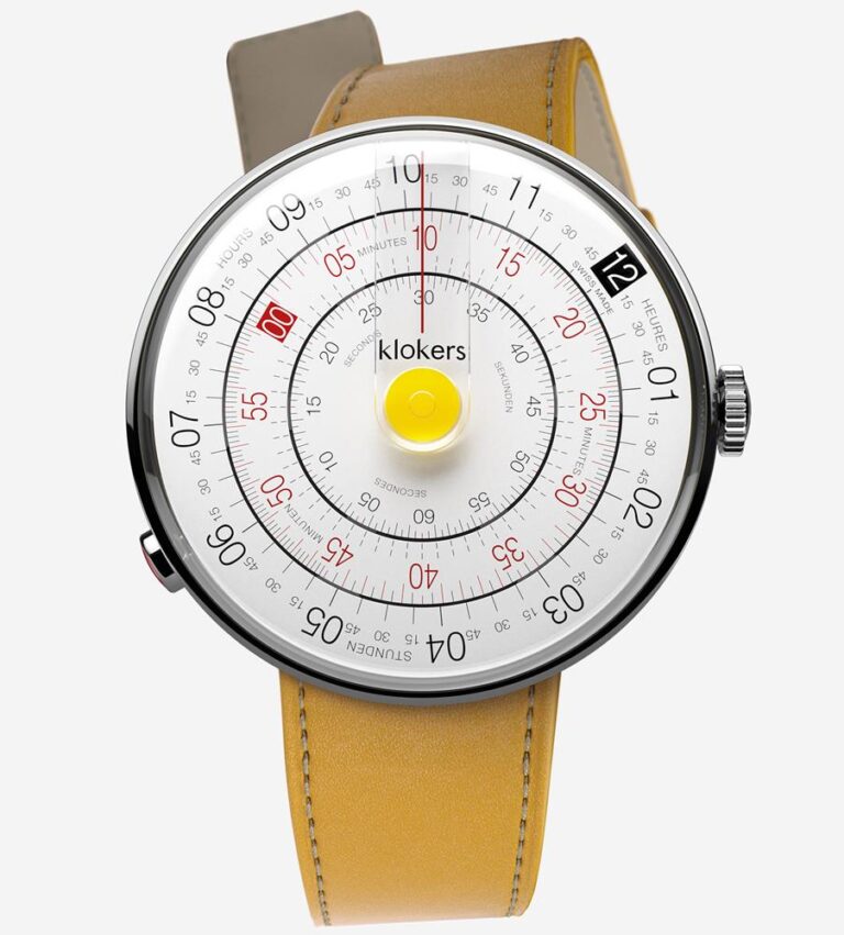 Montre Klokers Klok-01 Heritage à cadran blanc et jaune, bracelet cuir jaune, 44 mm