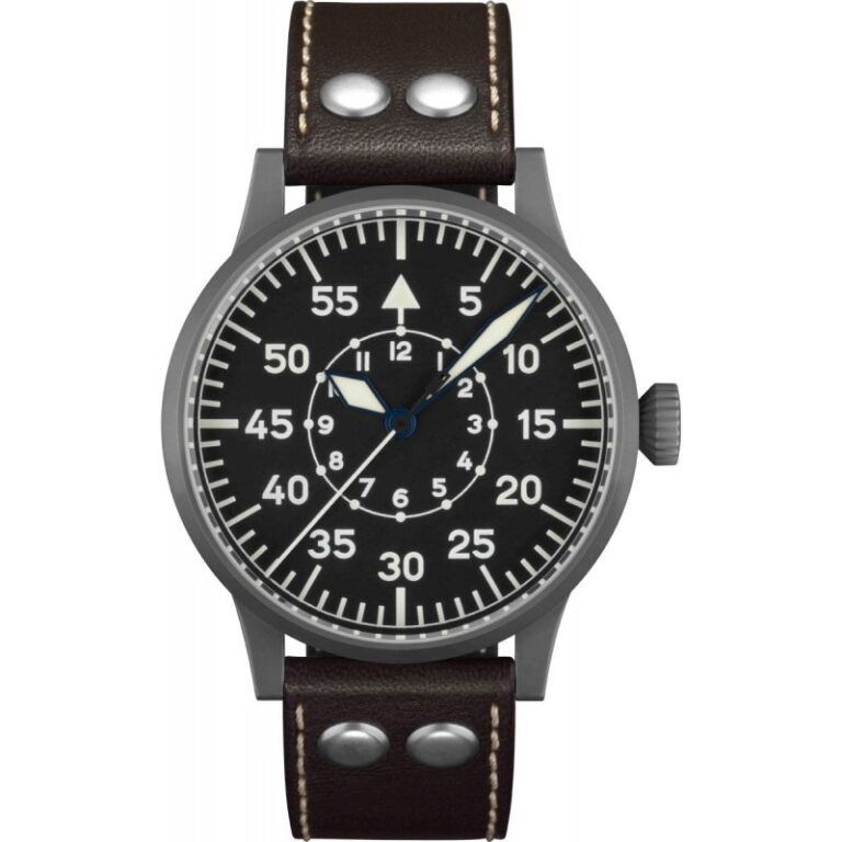 Montre de pilote Laco Friedrichshafen réf. 861753, cadran noir type B et bracelet cuir à rivets