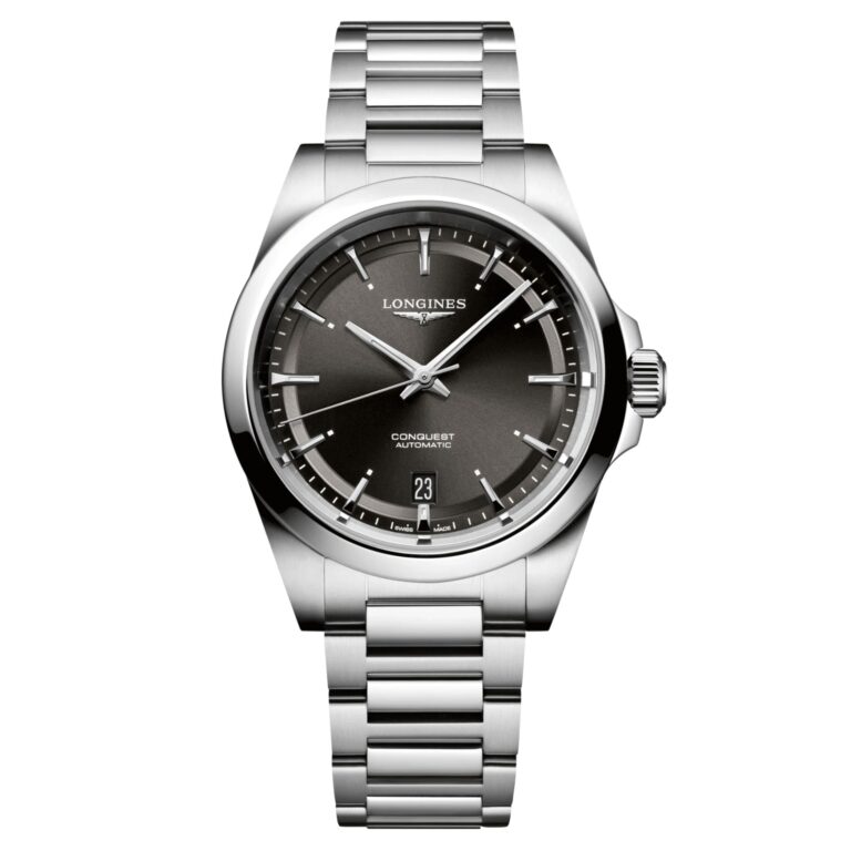 Montre Longines Conquest automatique 38 mm, cadran noir soleillé et bracelet acier