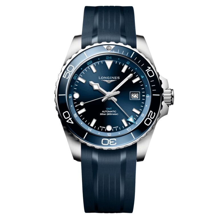 Montre Longines HydroConquest GMT automatique 43 mm, cadran bleu et bracelet caoutchouc bleu