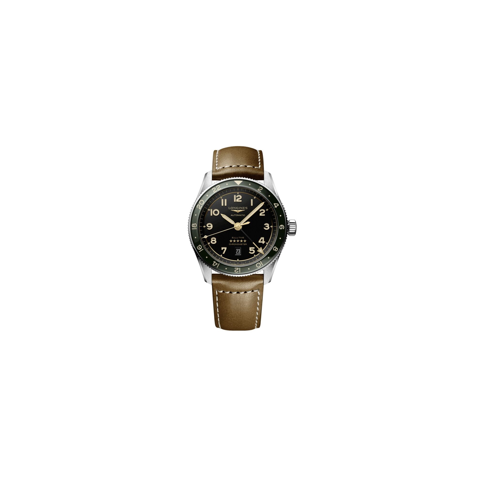 Montre Longines Spirit Zulu Time 42 mm, cadran anthracite et bracelet cuir marron