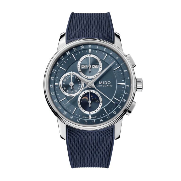 Montre Mido Baroncelli Chronograph Moonphase automatique à cadran bleu et bracelet caoutchouc bleu, 42 mm