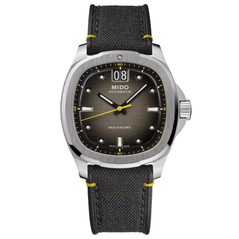 Montre Mido Multifort TV Big Date automatique à cadran noir et bracelet tissu noir, 40 mm