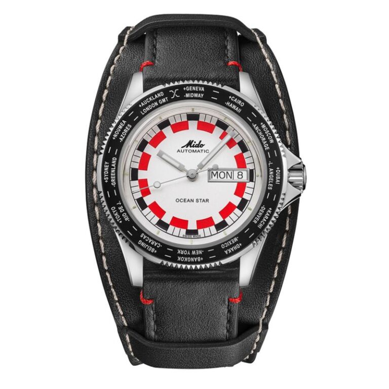 Montre Mido Ocean Star WorldTimer automatique à cadran blanc et rouge et bracelet cuir noir, 40,5 mm
