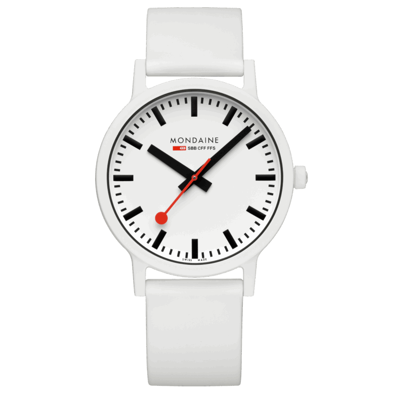 Montre Mondaine essence à cadran blanc de gare suisse et boîtier biosourcé blanc, 41 mm