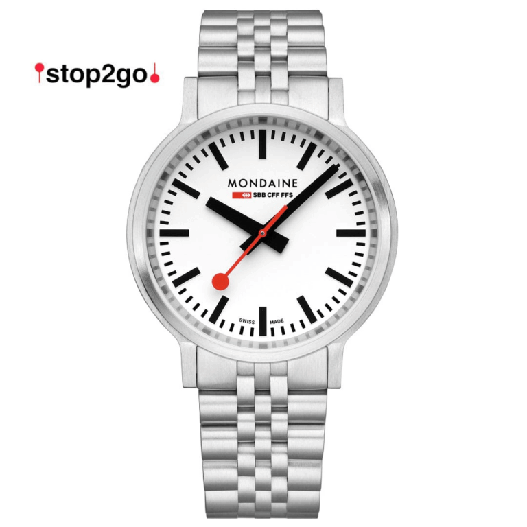 Montre Mondaine stop2go 41 mm à cadran blanc et bracelet acier