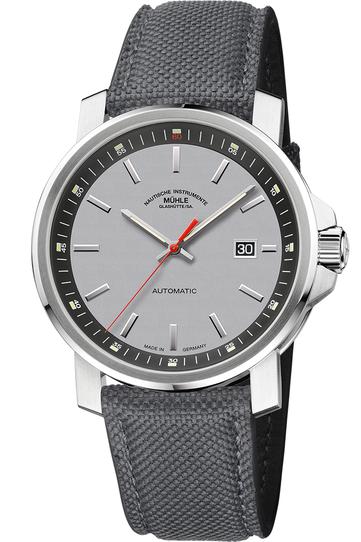 Montre Mühle Glashütte 29er Big à cadran gris argent et bracelet toile grise, 42,4 mm