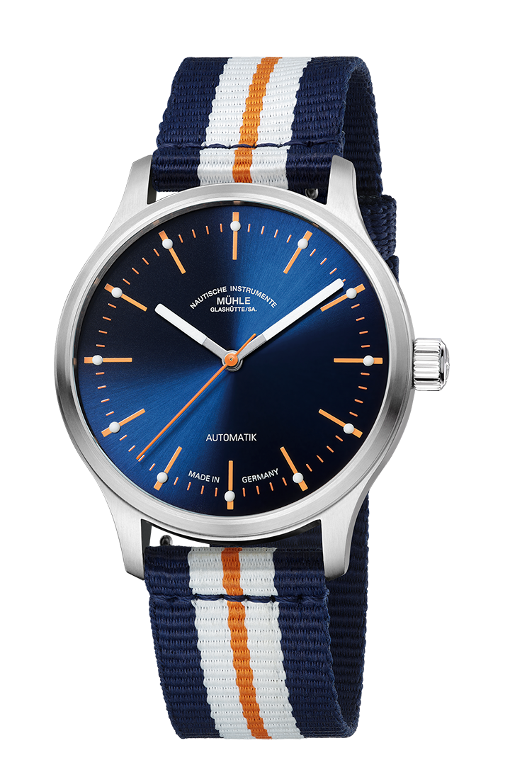 Montre Mühle Glashütte Panova à cadran bleu et bracelet textile tricolore, 40 mm