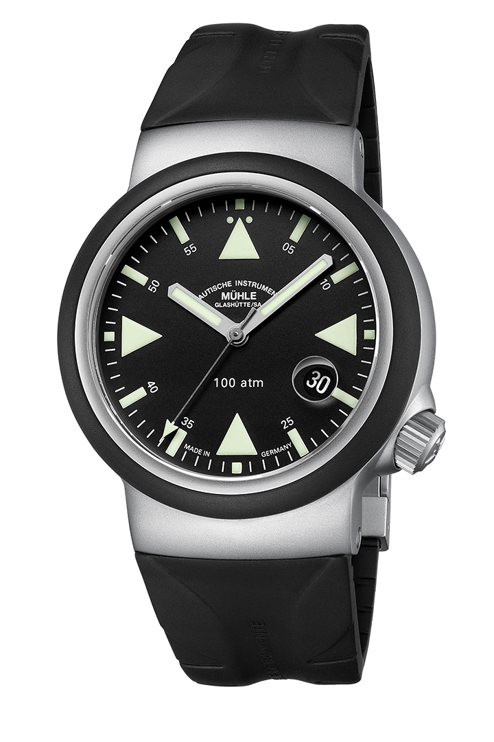 Montre Mühle Glashütte S.A.R. Rescue-Timer à cadran noir et lunette caoutchouc, 42 mm