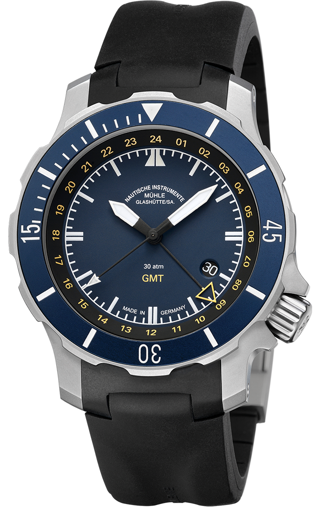Montre Mühle Glashütte Seebataillon GMT sur bracelet caoutchouc noir, 45 mm