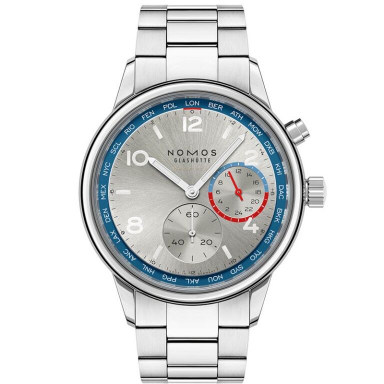 Montre Nomos Club Sport Neomatik Worldtimer à cadran argenté et bracelet acier, 40 mm