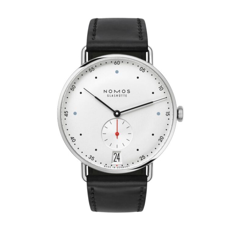 Montre Nomos Metro 38 Date mécanique à cadran blanc et bracelet cuir noir, 38,5 mm