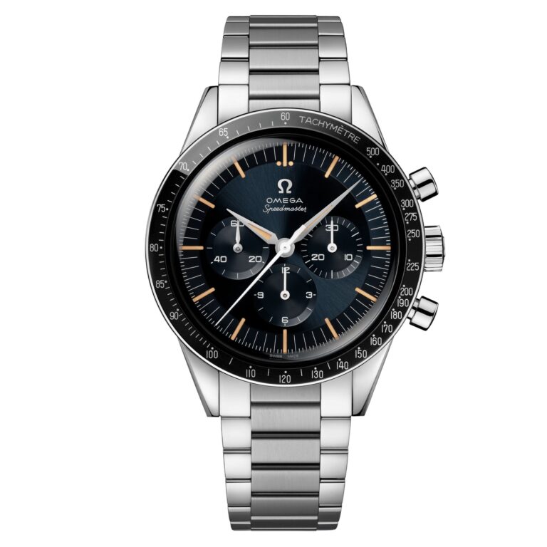 Montre Omega Speedmaster First Omega in Space chronographe à cadran gris-bleu et bracelet acier, 39,7 mm