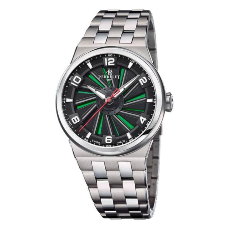 Montre Perrelet Turbine 41 en titane à turbine noire sur fond vert, 41 mm