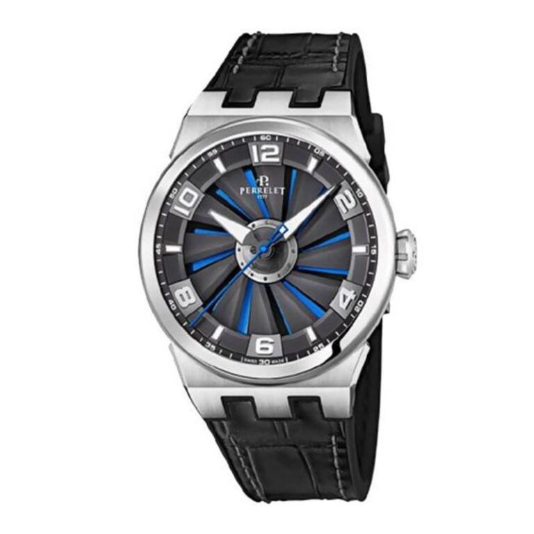 Montre Perrelet Turbine Evo automatique à turbine sur fond bleu électrique, 44 mm