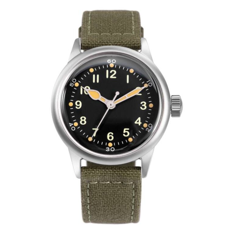 Montre Praesidus Service Watch à cadran noir et bracelet toile kaki, 38 mm