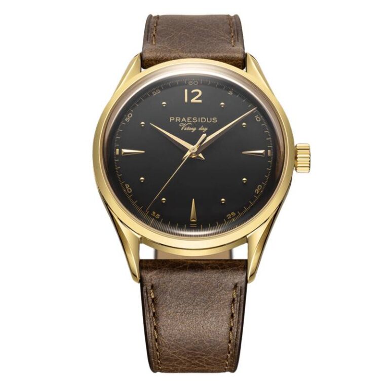 Montre Praesidus Victory Watch Classic à cadran noir et bracelet cuir marron, 38 mm