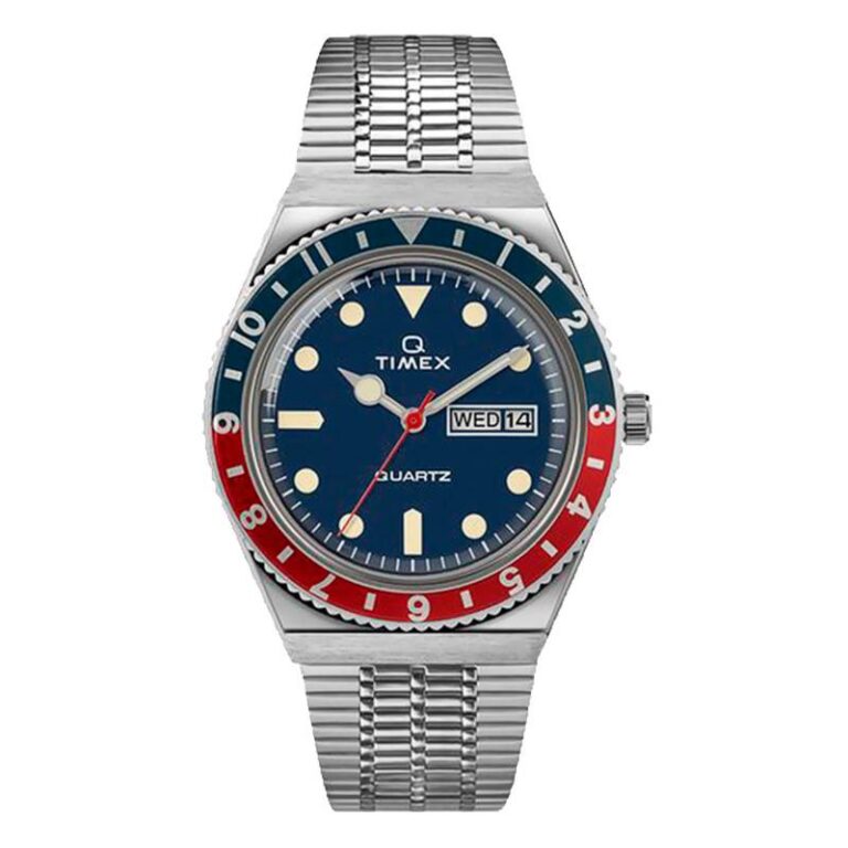 Montre Q Timex Reissue TW2T80700 à lunette bleue et rouge, vue de face