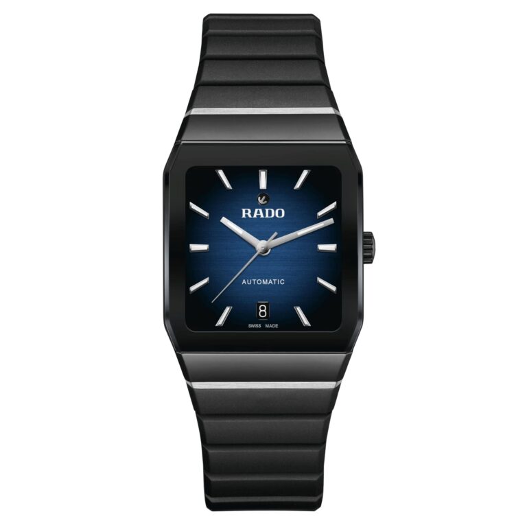 Montre Rado Anatom automatique à cadran bleu et bracelet caoutchouc noir, 32,5 mm
