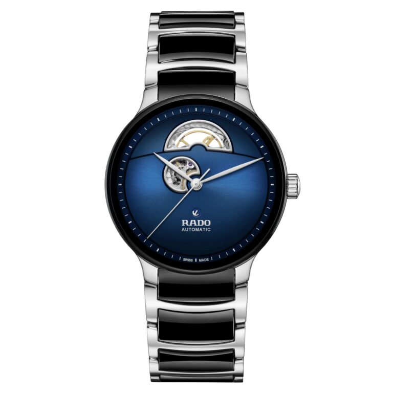 Montre Rado Centrix Open Heart automatique à cadran bleu, bracelet acier et céramique noire, 39,5 mm
