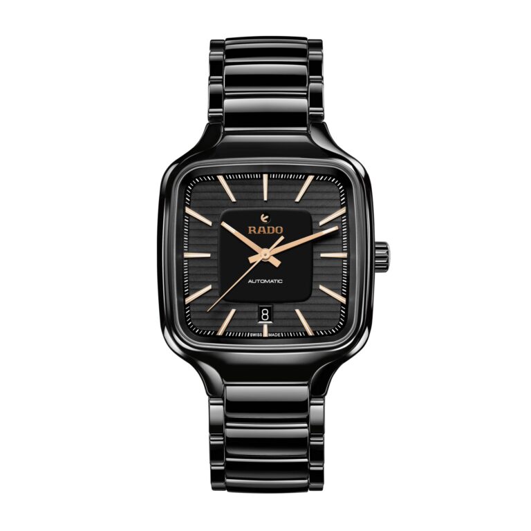 Montre Rado True Square automatique à cadran noir, boîtier et bracelet en céramique noire, 38 mm