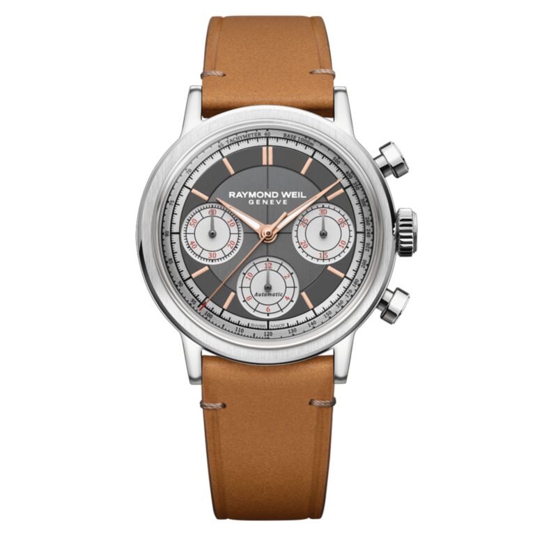 Montre Raymond Weil Millesime Chronographe Tri-Compax automatique à cadran anthracite et bracelet cuir camel, 39 mm