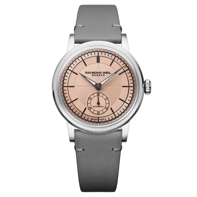 Montre Raymond Weil Millesime petite seconde cadran saumon sur bracelet cuir
