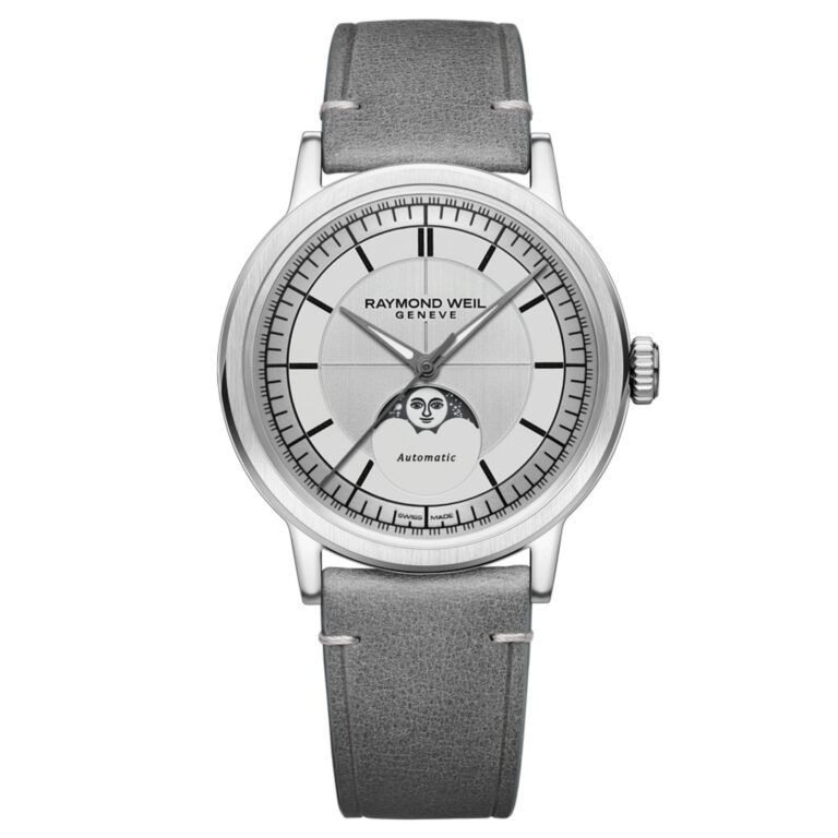 Montre Raymond Weil Millesime Phase de Lune automatique à cadran argenté et bracelet cuir, 39,5 mm