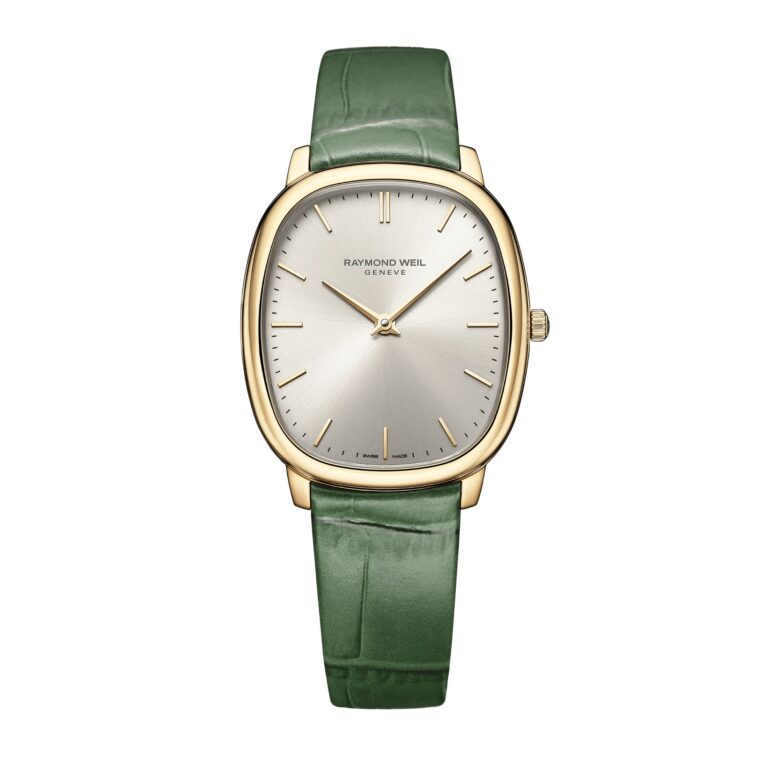 Montre Raymond Weil Toccata Héritage quartz à boîtier doré, cadran argenté et bracelet cuir, 31 x 36 mm