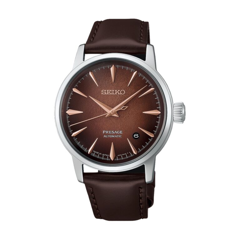 Montre Seiko Presage Cocktail Time automatique 38,5 mm, cadran marron, bracelet cuir