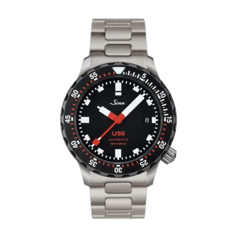 Montre Sinn U50 SDR en acier de sous-marin, lunette noire Tegiment et bracelet acier, 41 mm
