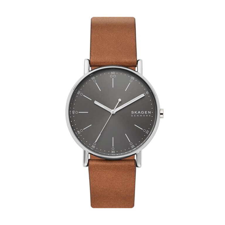 Montre Skagen Signatur à cadran gris soleillé et bracelet cuir marron, 40 mm