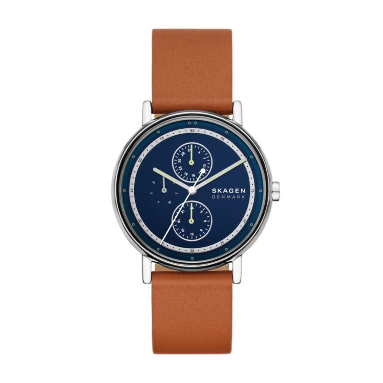 Montre Skagen Signatur Multifonction à boîtier argenté et bracelet cuir marron, 40 mm