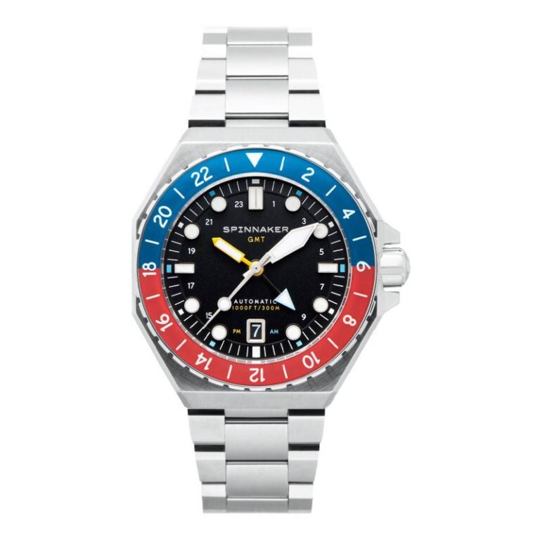 Montre Spinnaker Dumas GMT automatique à cadran noir et lunette bleue et rouge, bracelet acier, 44 mm