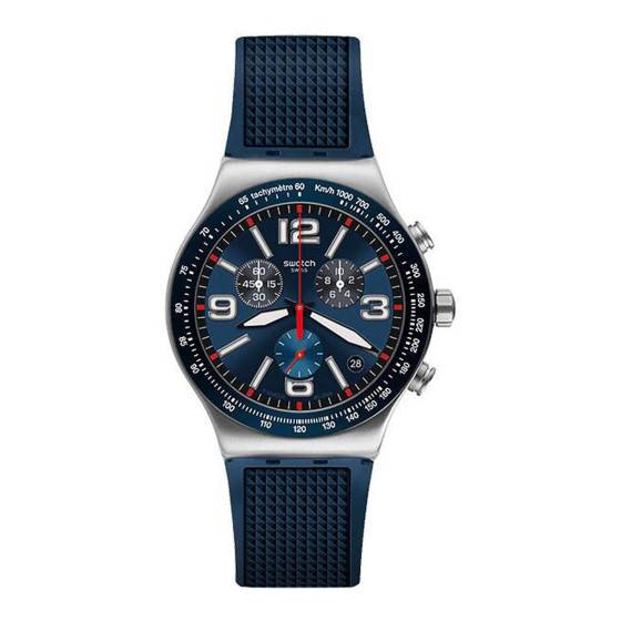 Montre chronographe Swatch New Irony Chrono Blue Grid à cadran bleu, boîtier acier, 43 mm