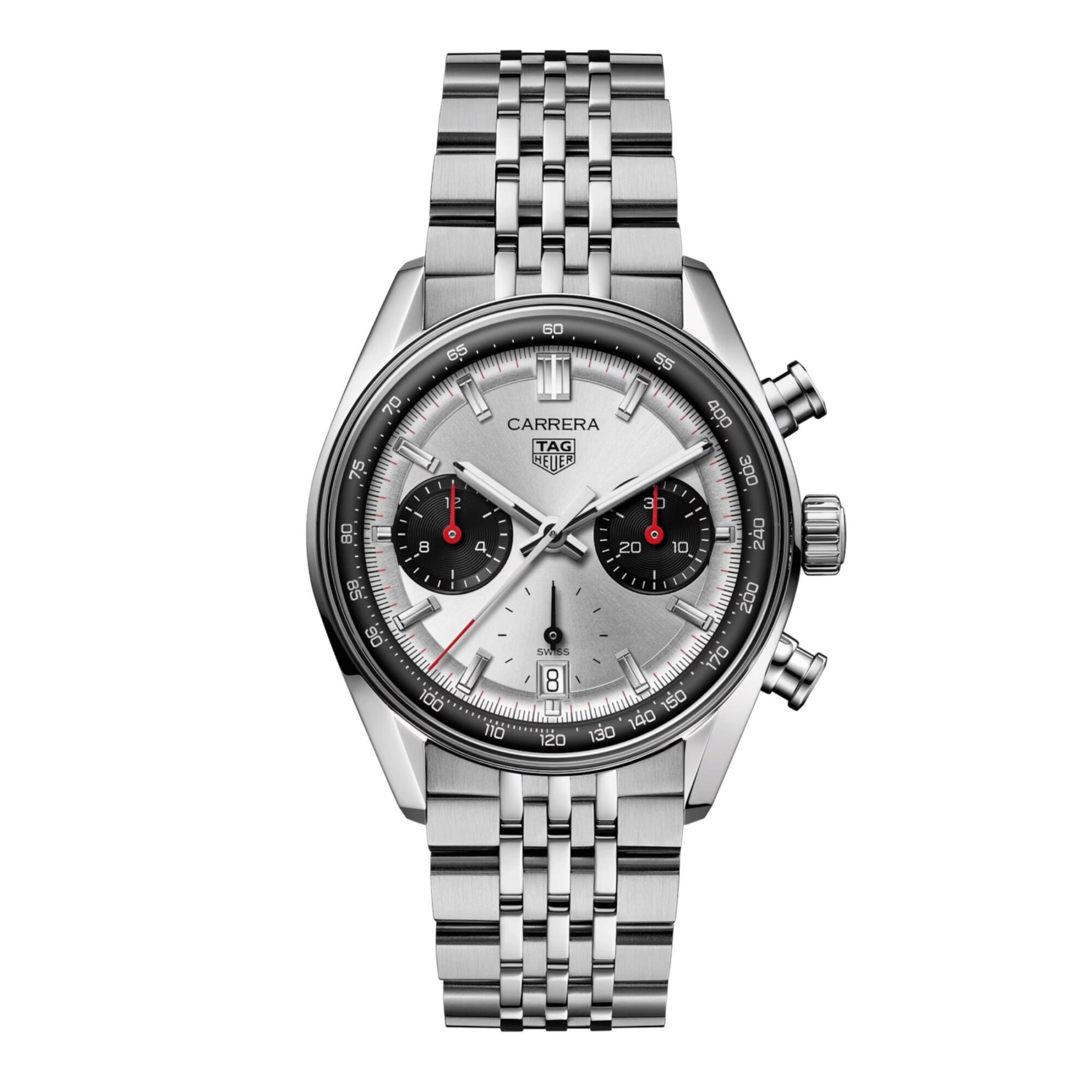 Montre TAG Heuer Carrera Chronograph Glassbox cadran argent 39 mm sur bracelet acier grains de riz