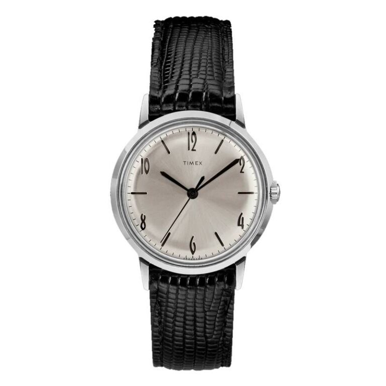 Montre Timex Marlin Hand-Wound TW2R47900 à remontage manuel, cadran argenté et bracelet cuir noir, 34 mm