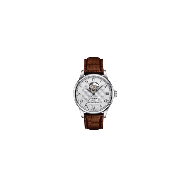 Montre Tissot Le Locle Powermatic 80 Open Heart à cadran argent et bracelet cuir marron, 39,3 mm