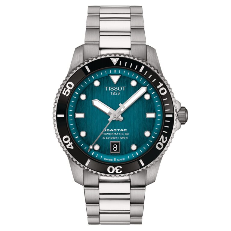 Montre de plongée Tissot Seastar 1000 Powermatic 80 à cadran turquoise et bracelet acier, 40 mm