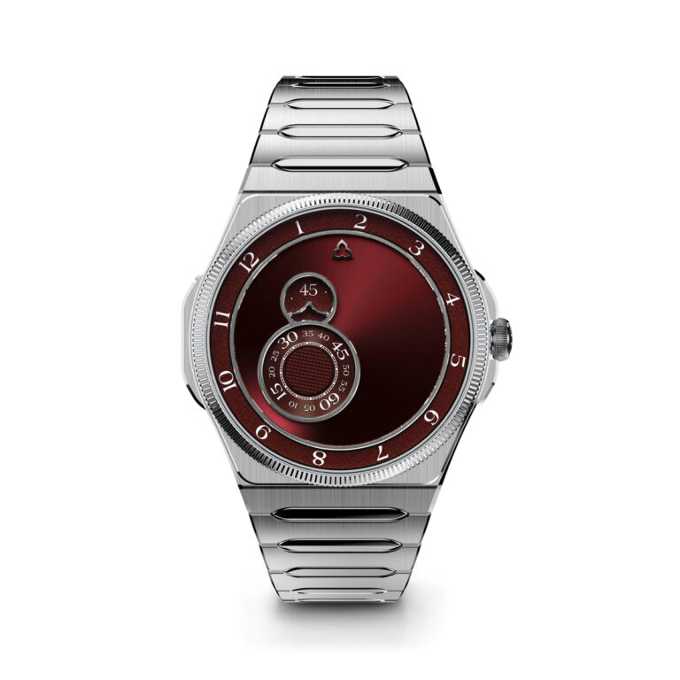 Montre Trilobe Château Trente-Deux en acier à cadran rouge et bracelet intégré, 39,5 mm