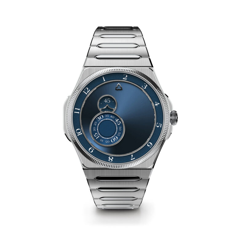 Montre Trilobe Trente-Deux en acier à cadran bleu soleillé et bracelet intégré, 39,5 mm